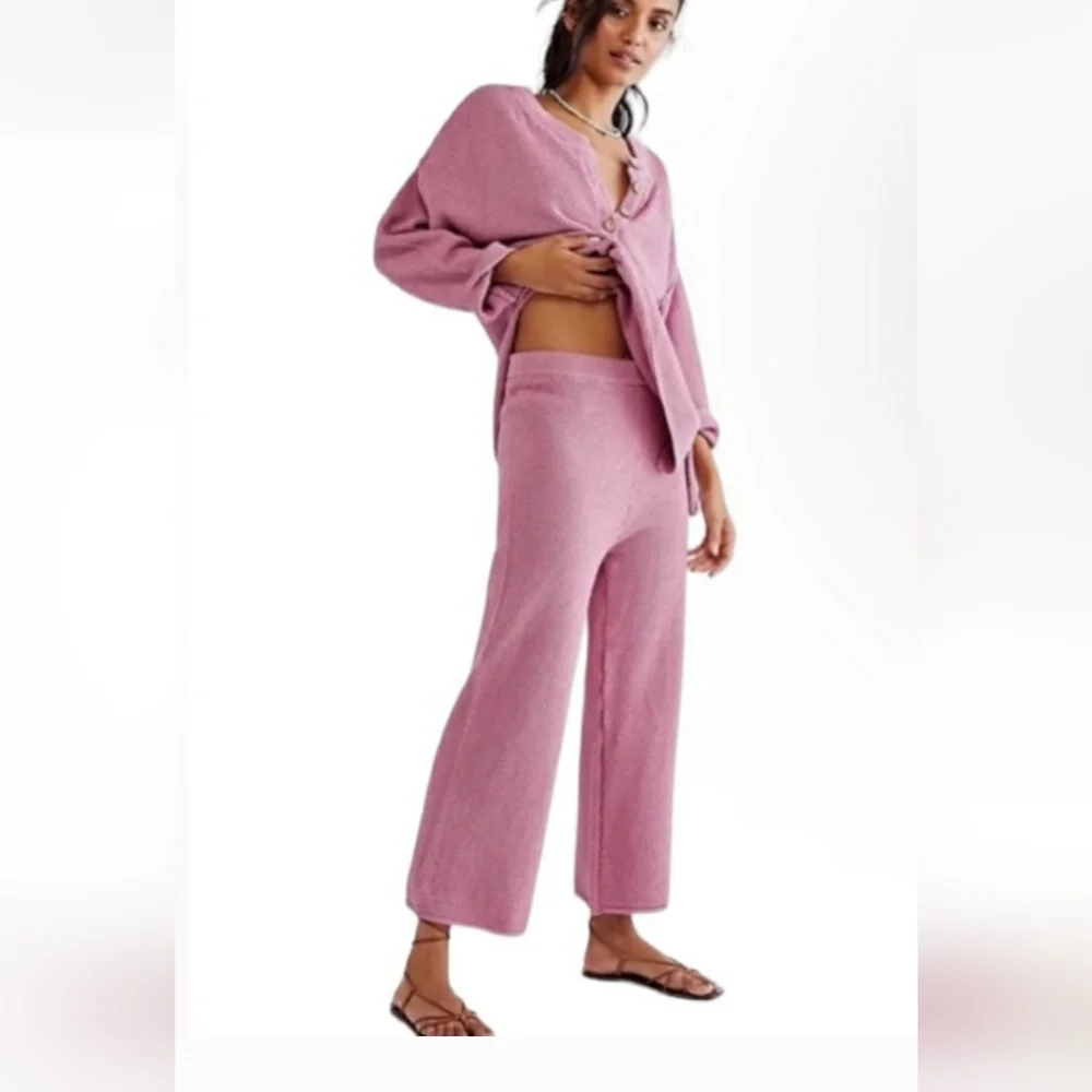 Free People Beach Size L Hailee Sweater Pant Texturized Pink Beach Pants Only - Picture 4 of 12